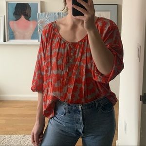 Anthropologie Silk Red & Gray Floral Blouse